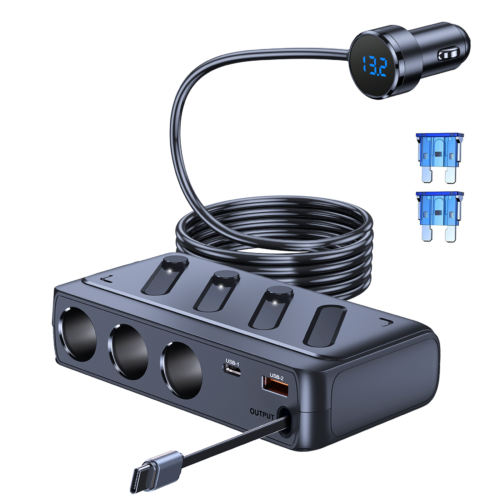 Cigarette Lighter Splitter with Retractable Type C Cable, LIHAN 3 Sockets Car Charger Adapter, 12V / 24V Outlet Plug, Dual Type C USB and QC Port, LED Voltage Display